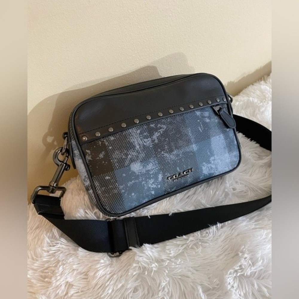 Coach Graham Blue Patchwork Grunge Plaid Leather Crossbody Bag W/ Studs EUC